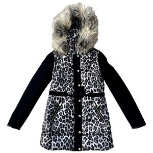Juicy Couture Smokey Leopard Pitch Black Long Puffer Coat Sz XS Converts to Vest